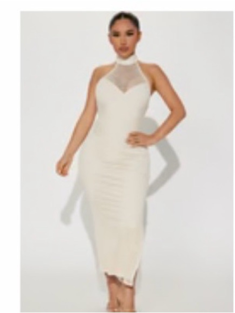 Fashion Nova Cream Halter Midi Dress with Mesh Yoke